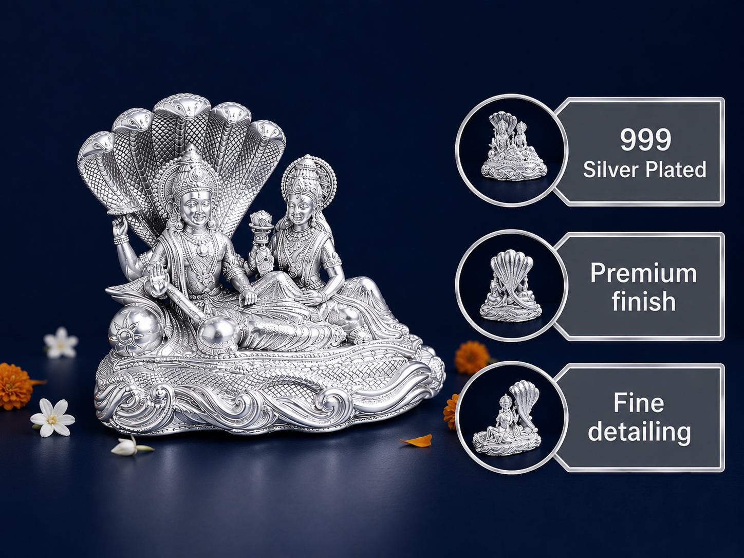 Premium 999 Silver Plated Lakshmi Narayan Idol – Divine Vishnu Laxmi on Sheshnaag Statue
