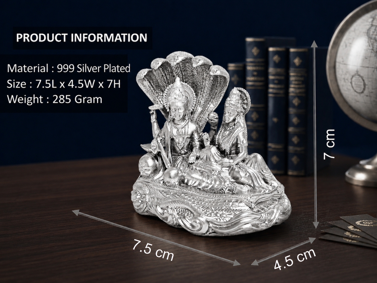 Premium 999 Silver Plated Lakshmi Narayan Idol – Divine Vishnu Laxmi on Sheshnaag Statue