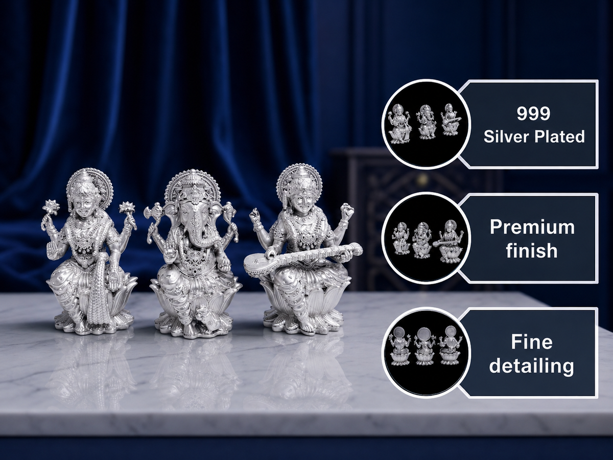 Premium 999 Silver Plated Laxmi Ganesha Saraswati Idol Set – Auspicious Laxmi Ganesh Saraswati Trio for Puja Altar