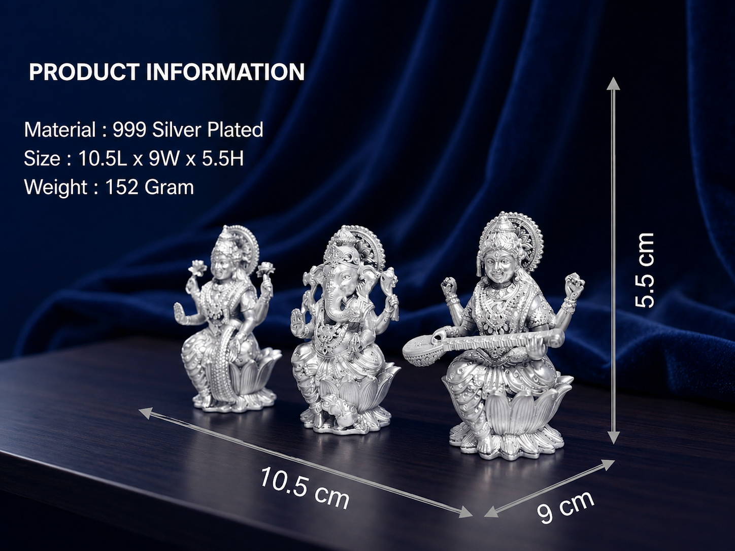 Premium 999 Silver Plated Laxmi Ganesha Saraswati Idol Set – Auspicious Laxmi Ganesh Saraswati Trio for Puja Altar