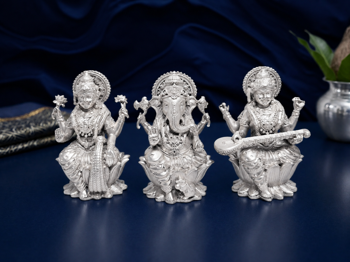 Premium 999 Silver Plated Laxmi Ganesha Saraswati Idol Set – Auspicious Laxmi Ganesh Saraswati Trio for Puja Altar