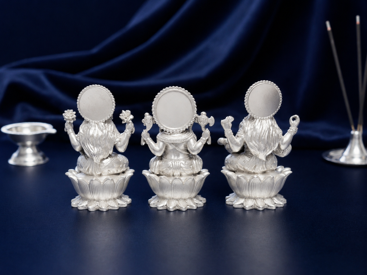 Premium 999 Silver Plated Laxmi Ganesha Saraswati Idol Set – Auspicious Laxmi Ganesh Saraswati Trio for Puja Altar