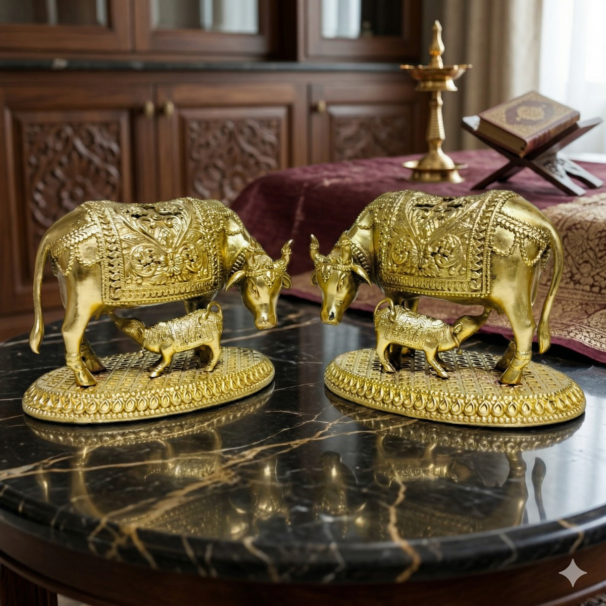 Luxury Handcrafted Brass Kamdhenu Cow and Calf Idol – Premium Spiritual Decor (23cm)