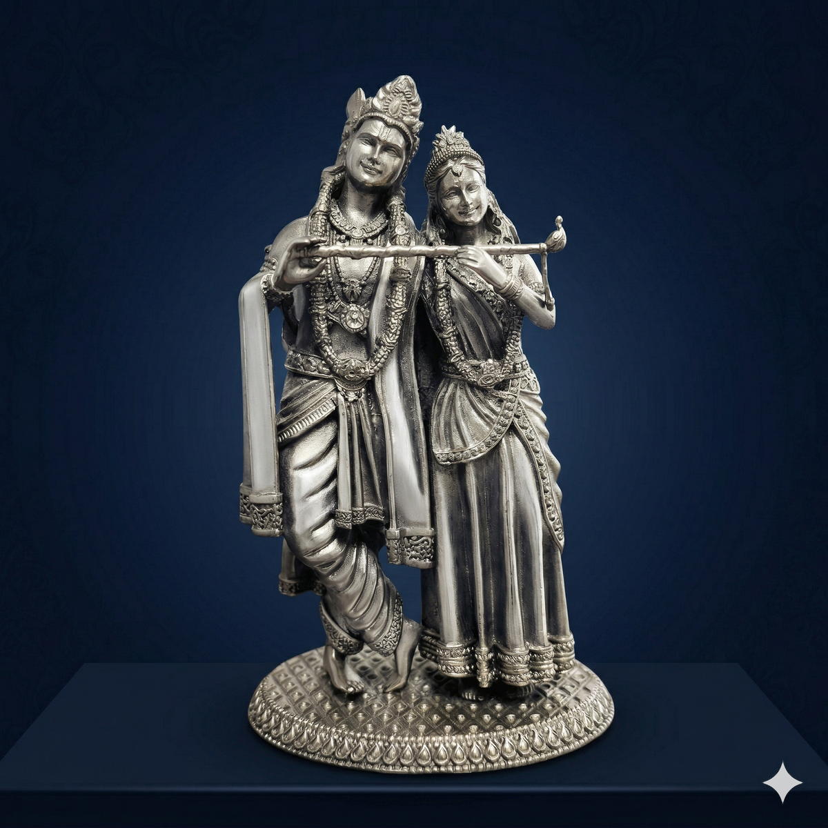 Premium Oxidized Silver Plated Radha Krishna Idol (12cm) | Divine Couple Flute Playing Statue for Home Decor & Gifting