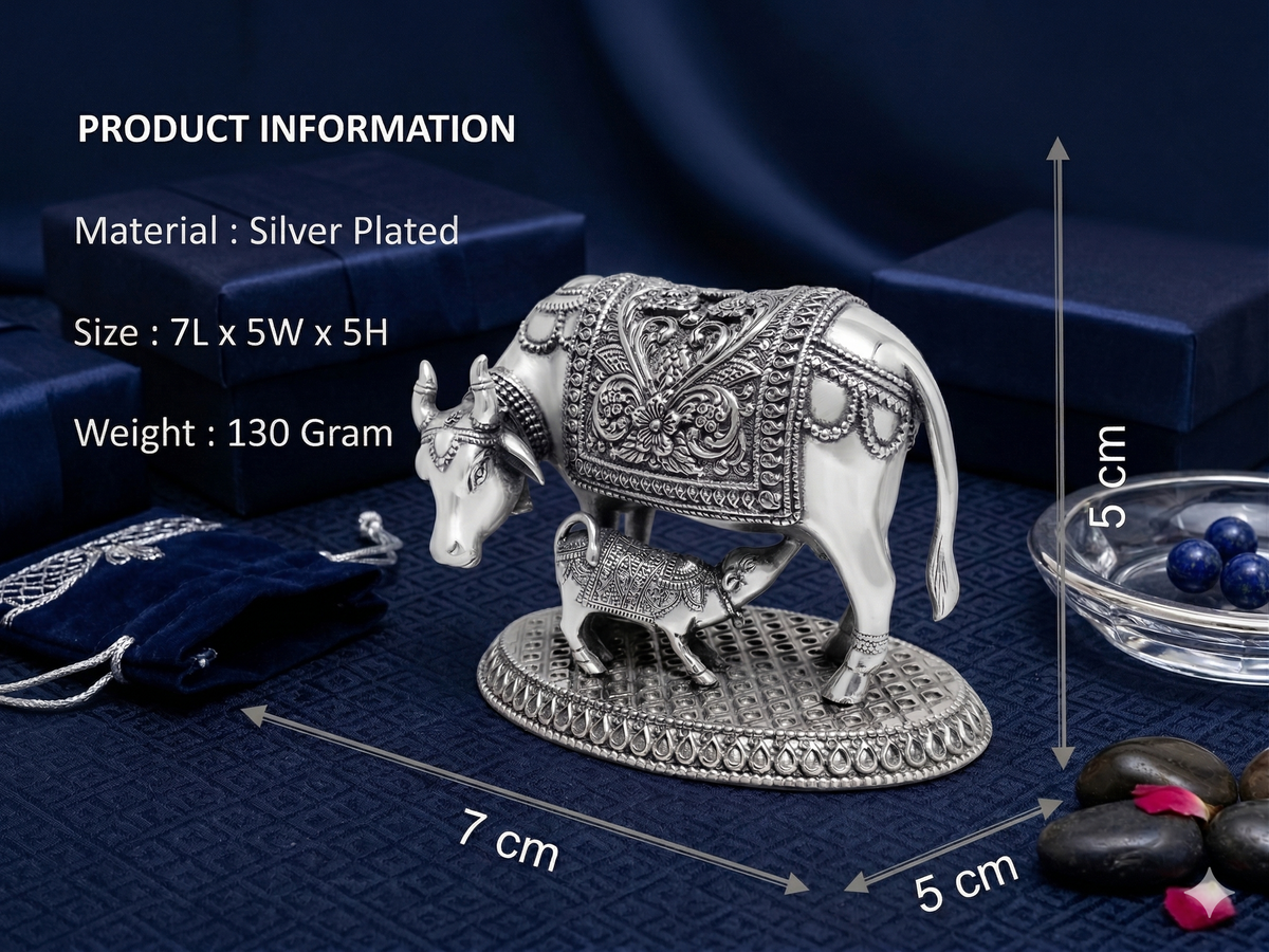 Silver-Plated Kamdhenu Cow and Calf Statue – Compact Vastu Idol for Car Dashboard, Pooja Room & Gifting