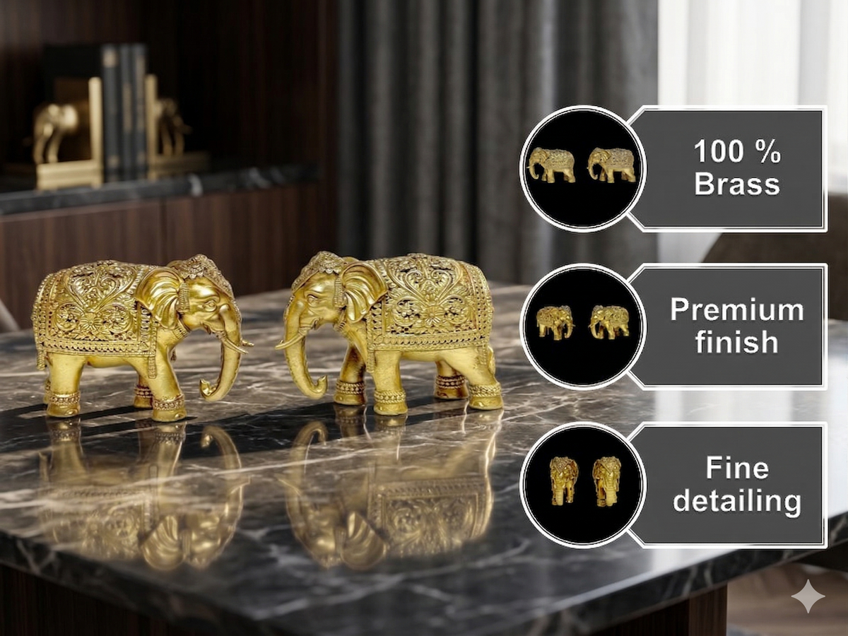 Premium Brass Royal Elephant Statues (Pair) – Handcrafted Heritage Vastu Decor