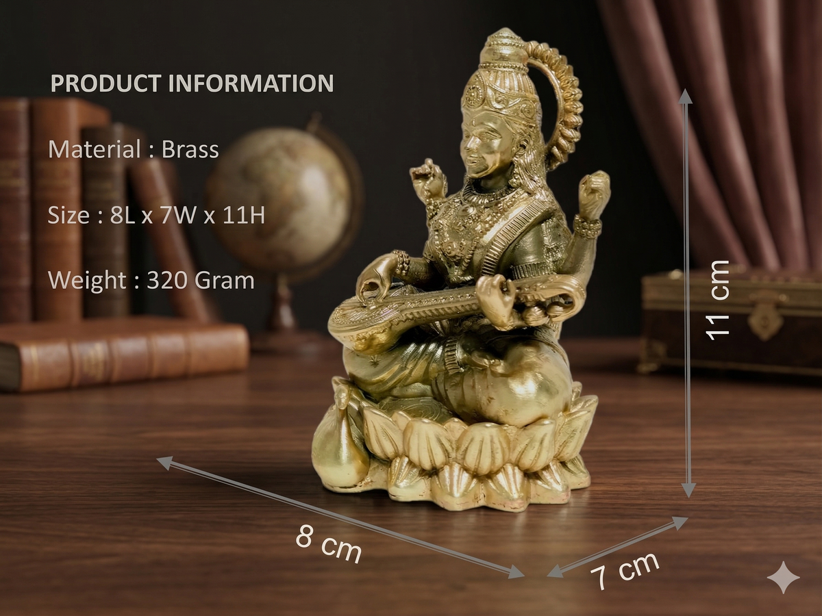 Premium 100% Brass Saraswati Idol (11cm) | Divine Goddess of Wisdom Veena Statue for Home Decor, Puja & Gifting