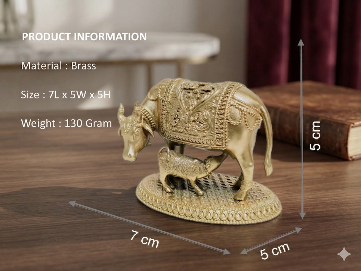 Mini Brass Kamdhenu Cow and Calf Statue – Handcrafted Spiritual Decor (130g)