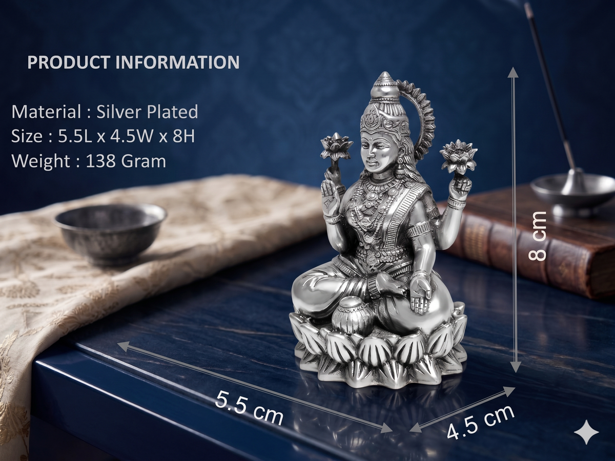 Premium Silver Plated Goddess Lakshmi Idol – Handcrafted Mahalakshmi Murti for Pooja Room & Gifting