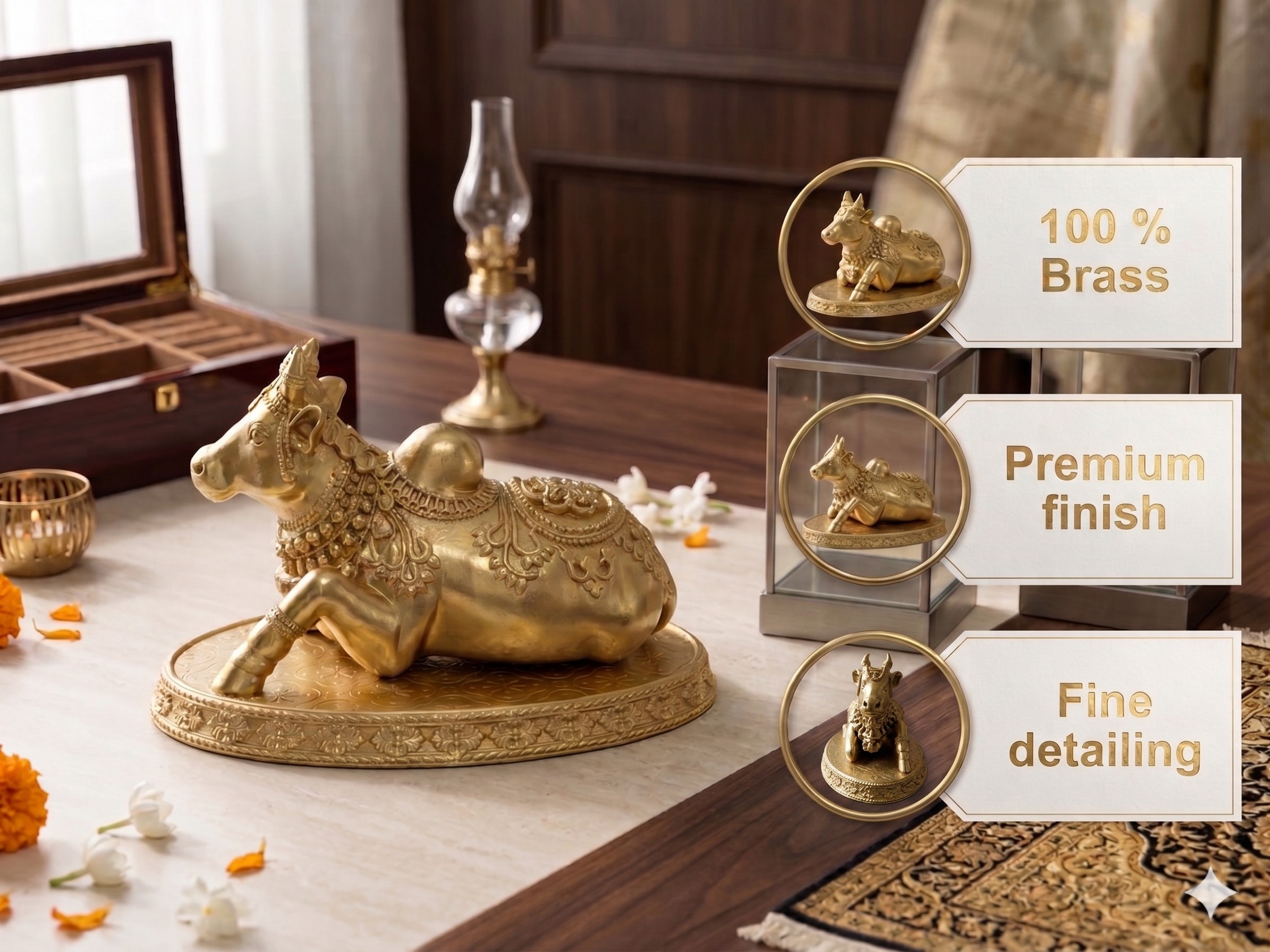 Premium Pure Brass Nandi Idol – Sitting Decorative Sacred Bull Figurine (10cm)