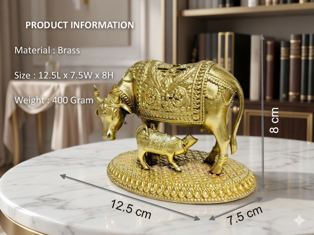 Elegant Brass Kamdhenu Cow and Calf Idol – Handcrafted Spiritual Vastu Decor (400g)
