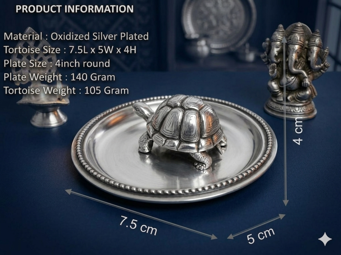 Premium Silver Plated Feng Shui Vastu Tortoise with Beaded Plate