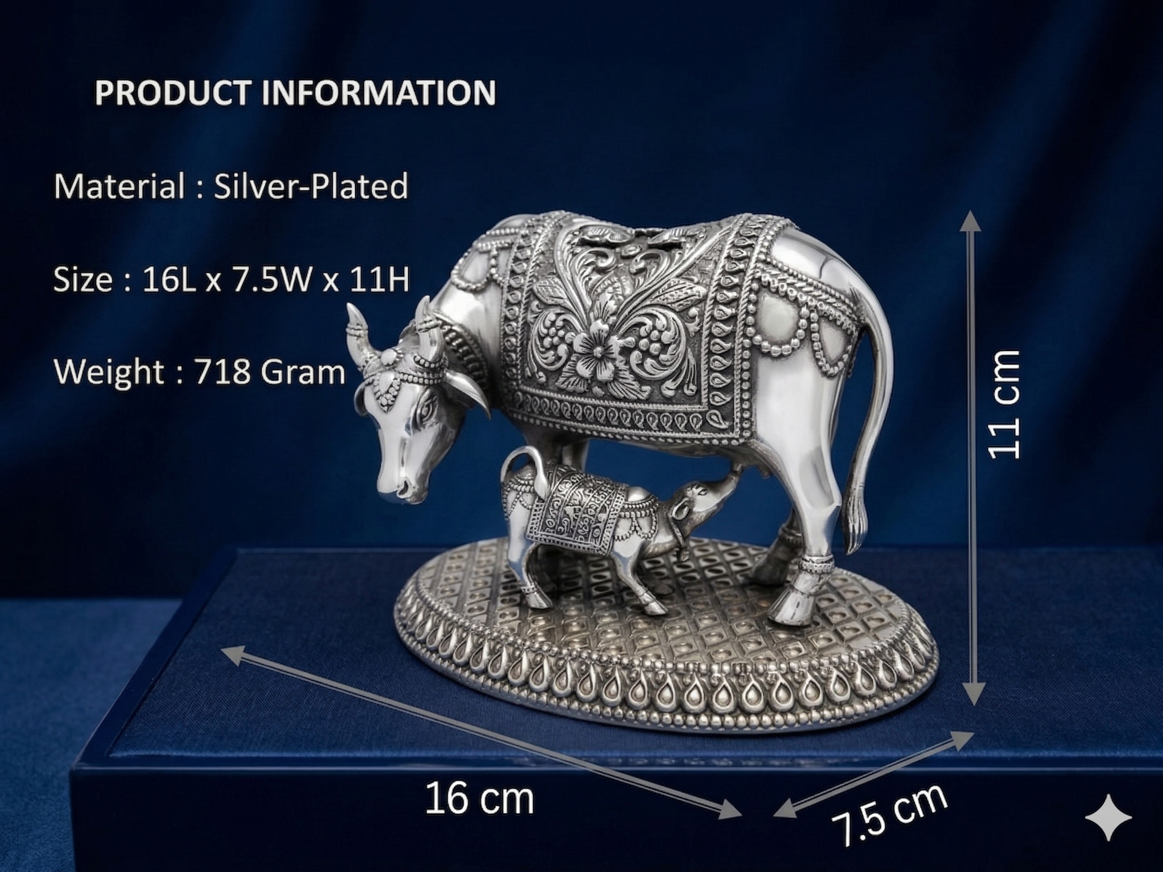 Silver-Plated Kamdhenu Cow and Calf Statue – Compact Vastu Idol for Car Dashboard, Pooja Room & Gifting
