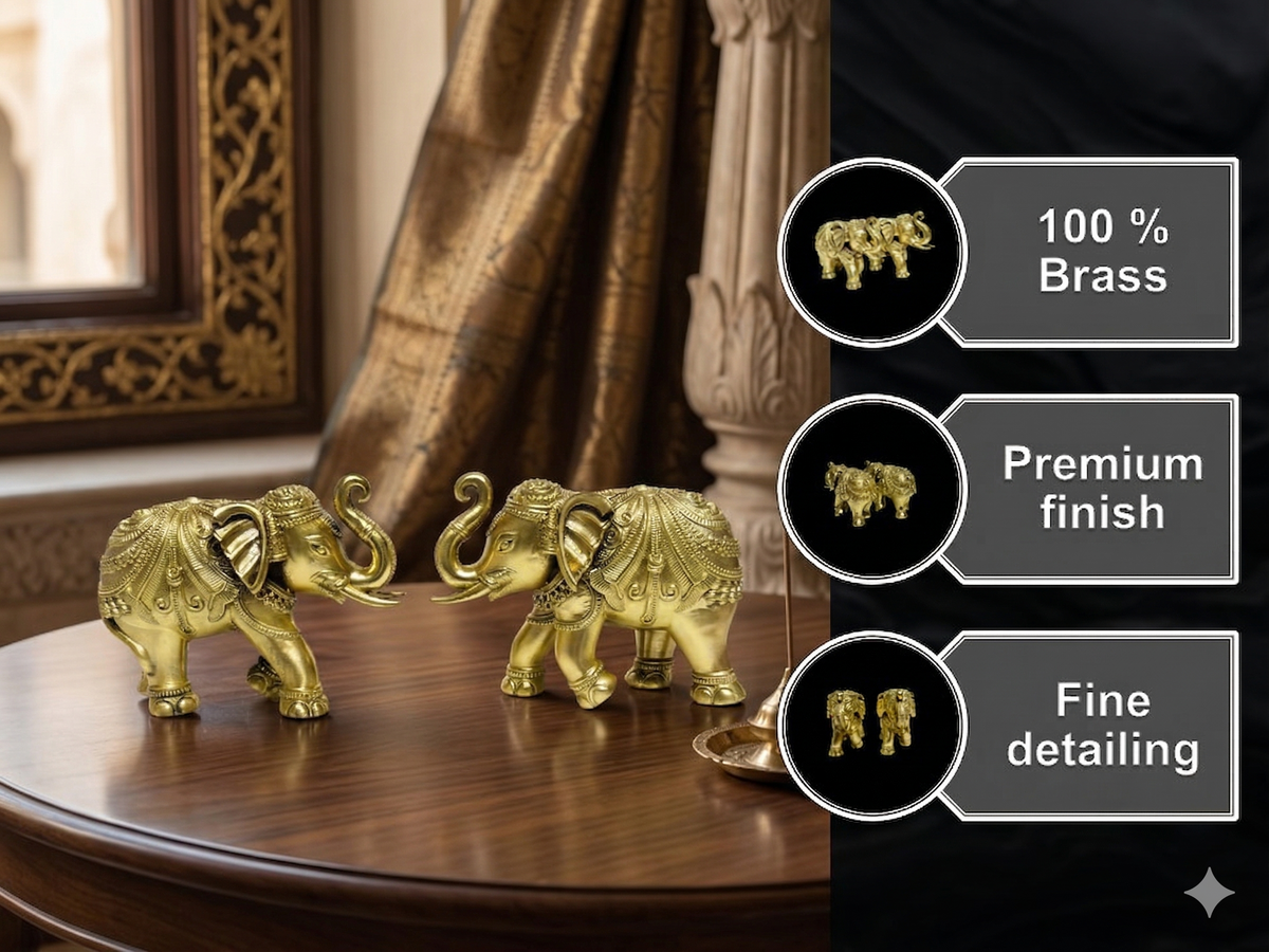 Premium Brass Trunk Up Elephant Statues (Pair) – Handcrafted Vastu Decor for Good Luck