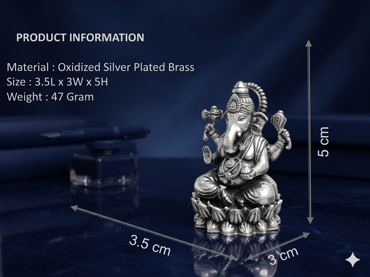Oxidized Silver-Plated Ganesha Idol – Premium Sitting Lord Ganesh Statue on Lotus for Pooja Mandir, Home Decor & Gifting