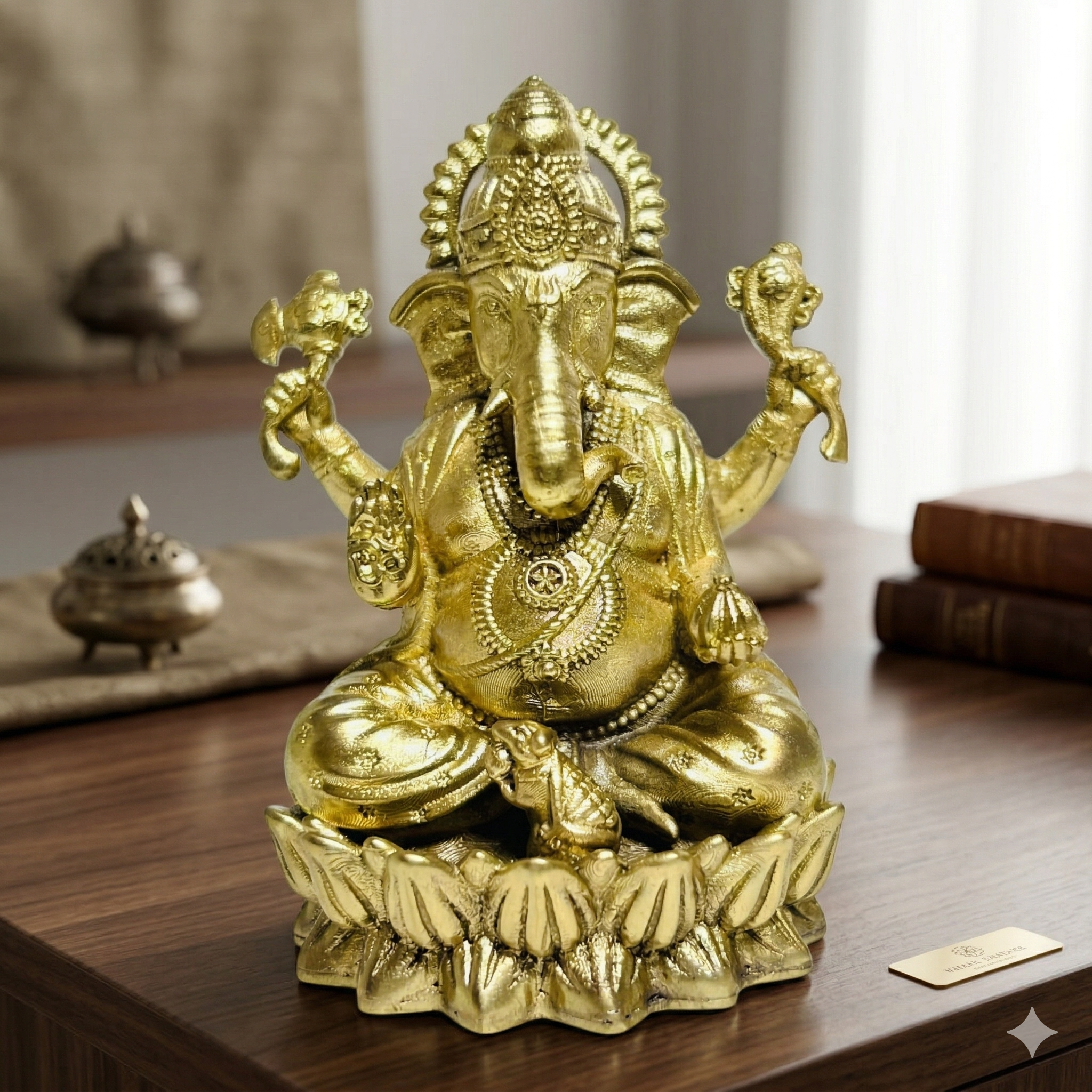 Premium Brass Lord Ganesha Idol on Lotus Base – Handcrafted Spiritual Home Decor