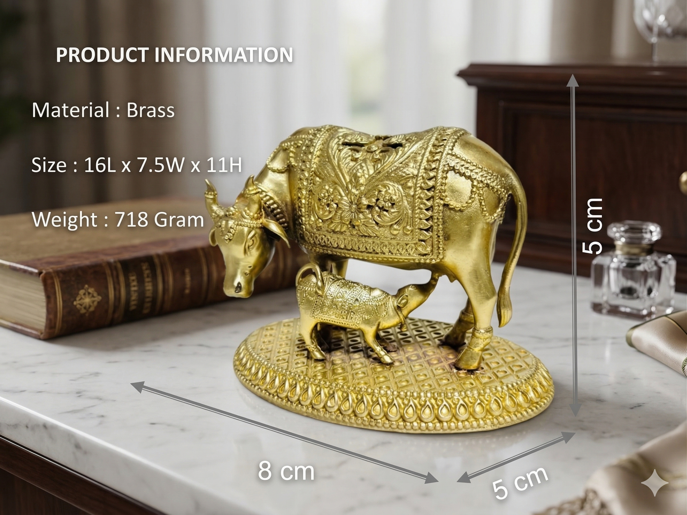 Premium Brass Kamdhenu Cow and Calf Idol – Elegant Spiritual Home Decor