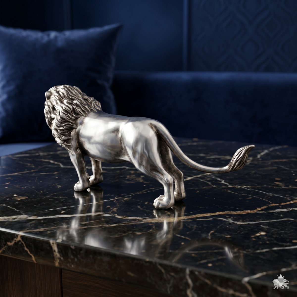 Premium Silver-Finished Brass Charging Lion Figurine