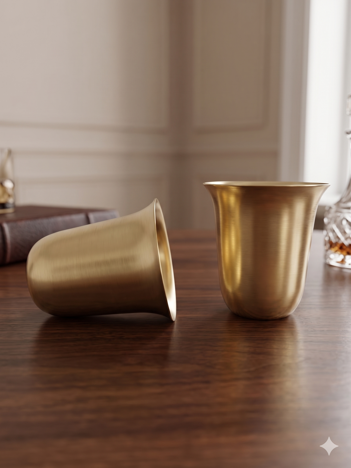 Royal Curved Brass Tumbler Set – Handcrafted Flared Golden Glasses (Set of 2)