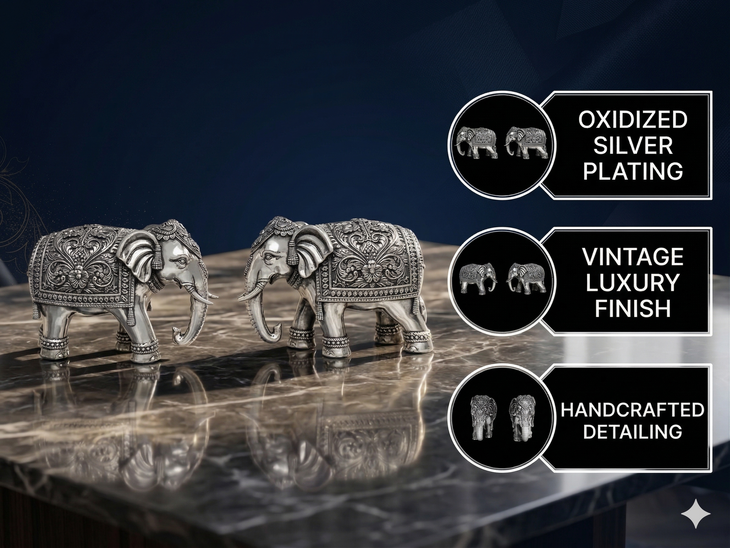Oxidized Silver-Plated Elephant Pair – Premium Brass Vastu Idol Set for Home Décor, Office Display & Luxury Gifting