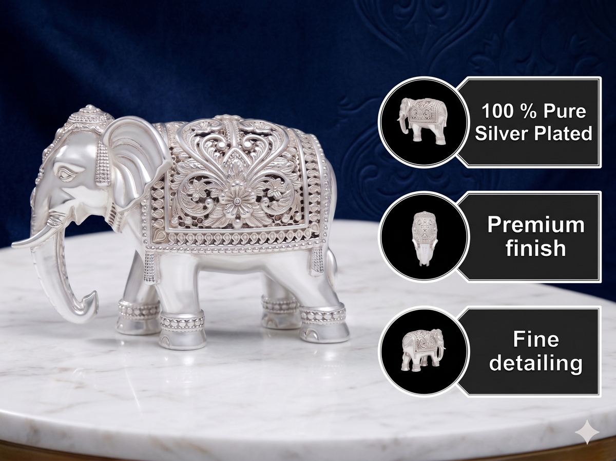 Premium Silver Plated Brass Royal Elephant Figurine – Intricate Carved Decor Showcase