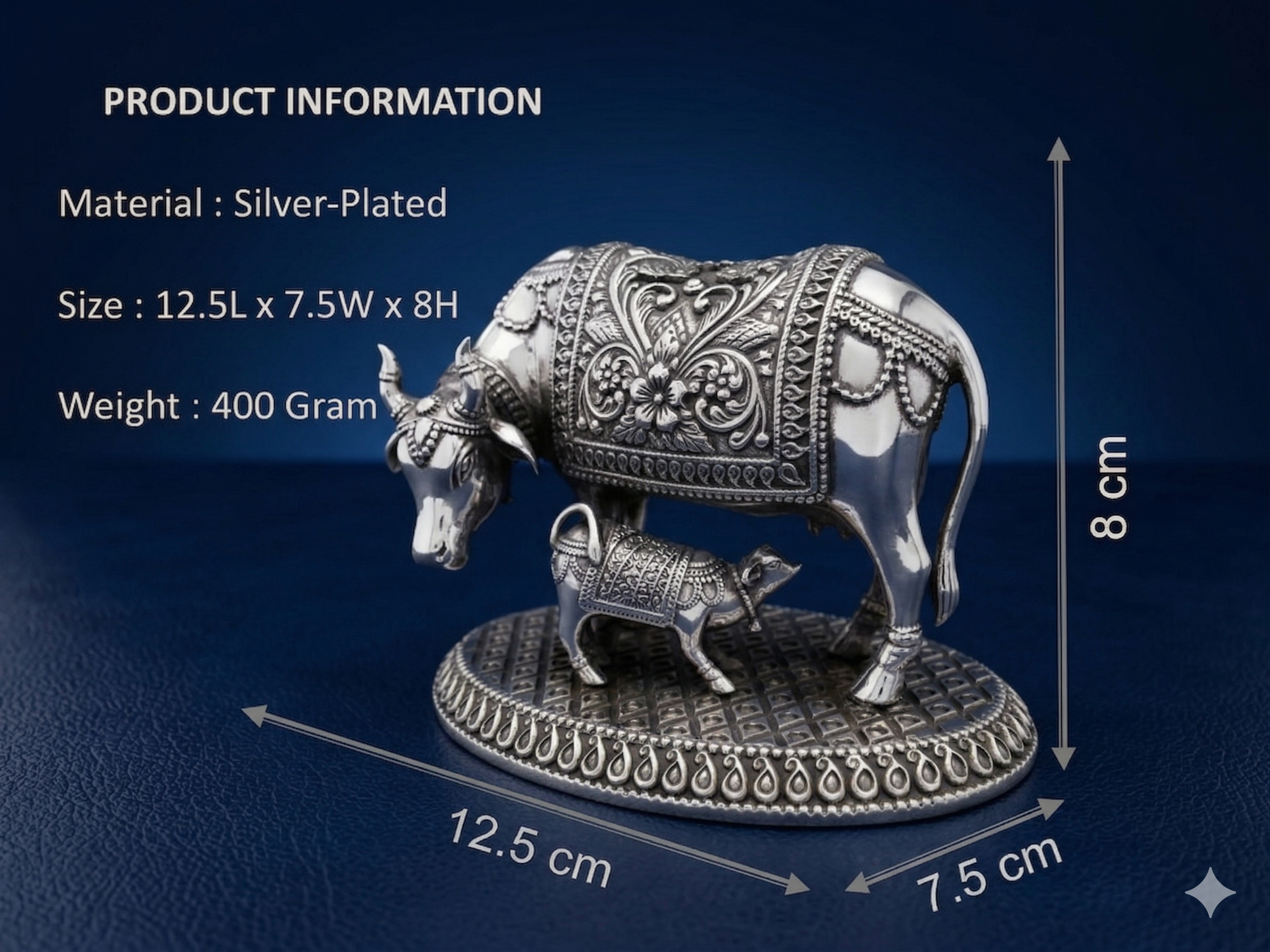 Silver-Plated Kamdhenu Cow and Calf Statue – Compact Vastu Idol for Car Dashboard, Pooja Room & Gifting