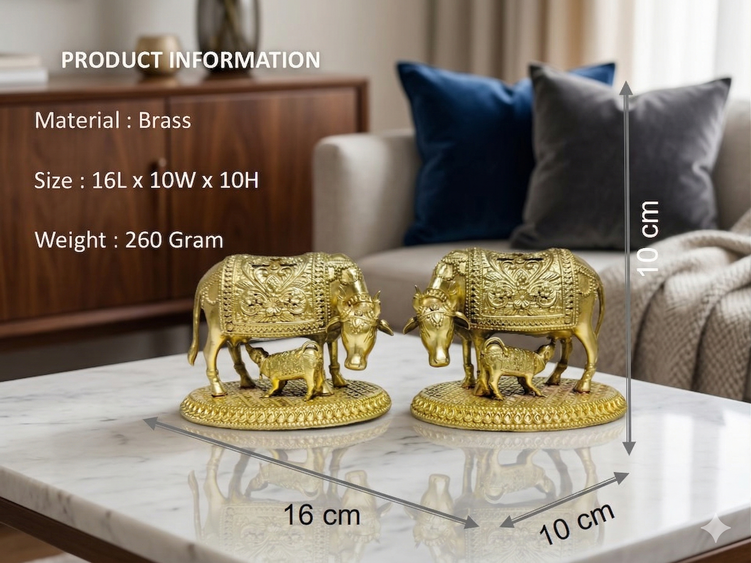 Exquisite Brass Kamdhenu Cow and Calf Statue – Handcrafted Spiritual Decor (16cm)