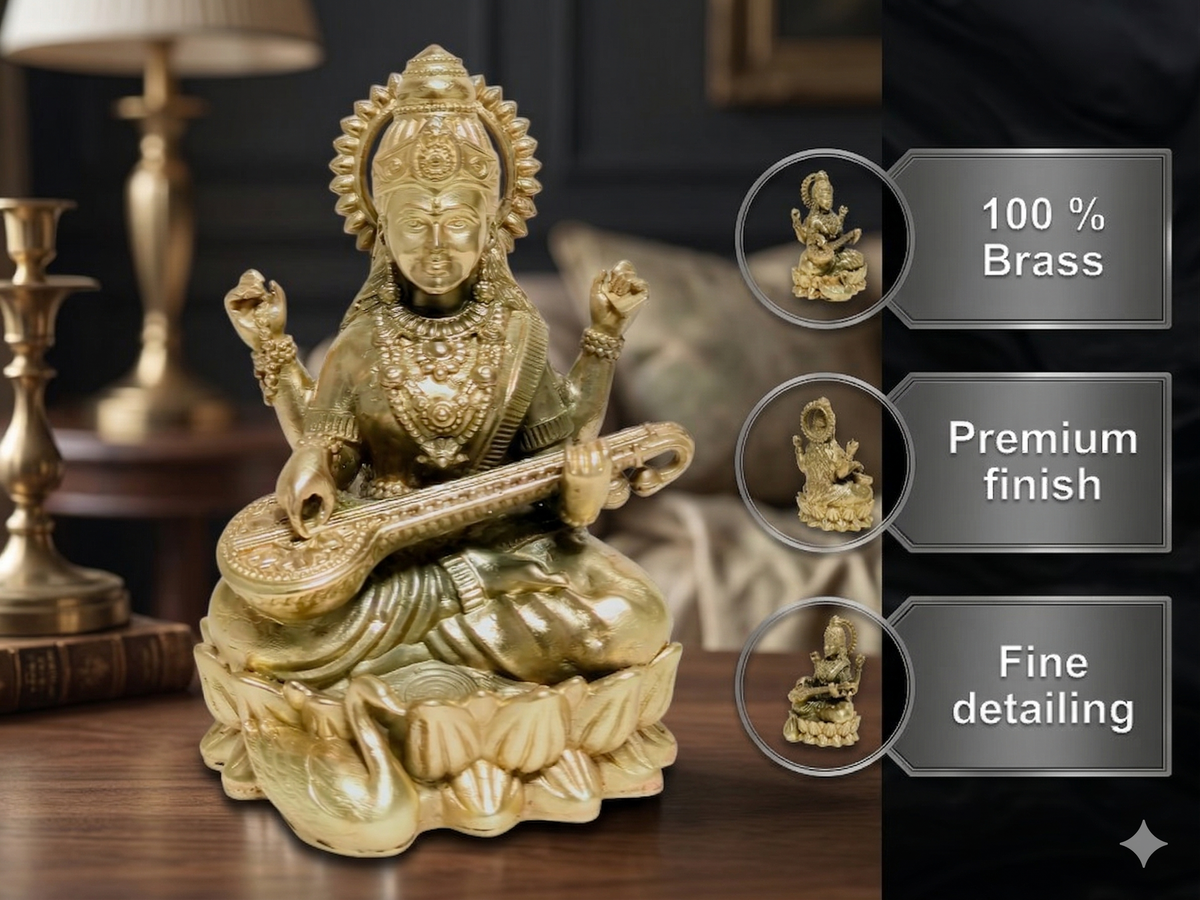 Premium 100% Brass Saraswati Idol (11cm) | Divine Goddess of Wisdom Veena Statue for Home Decor, Puja & Gifting