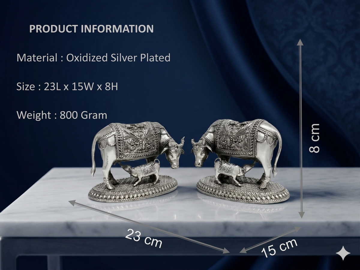 Silver-Plated Kamdhenu Cow and Calf Statue – Premium Brass Vastu Idol for Pooja Room, Wealth, & Spiritual Gifting