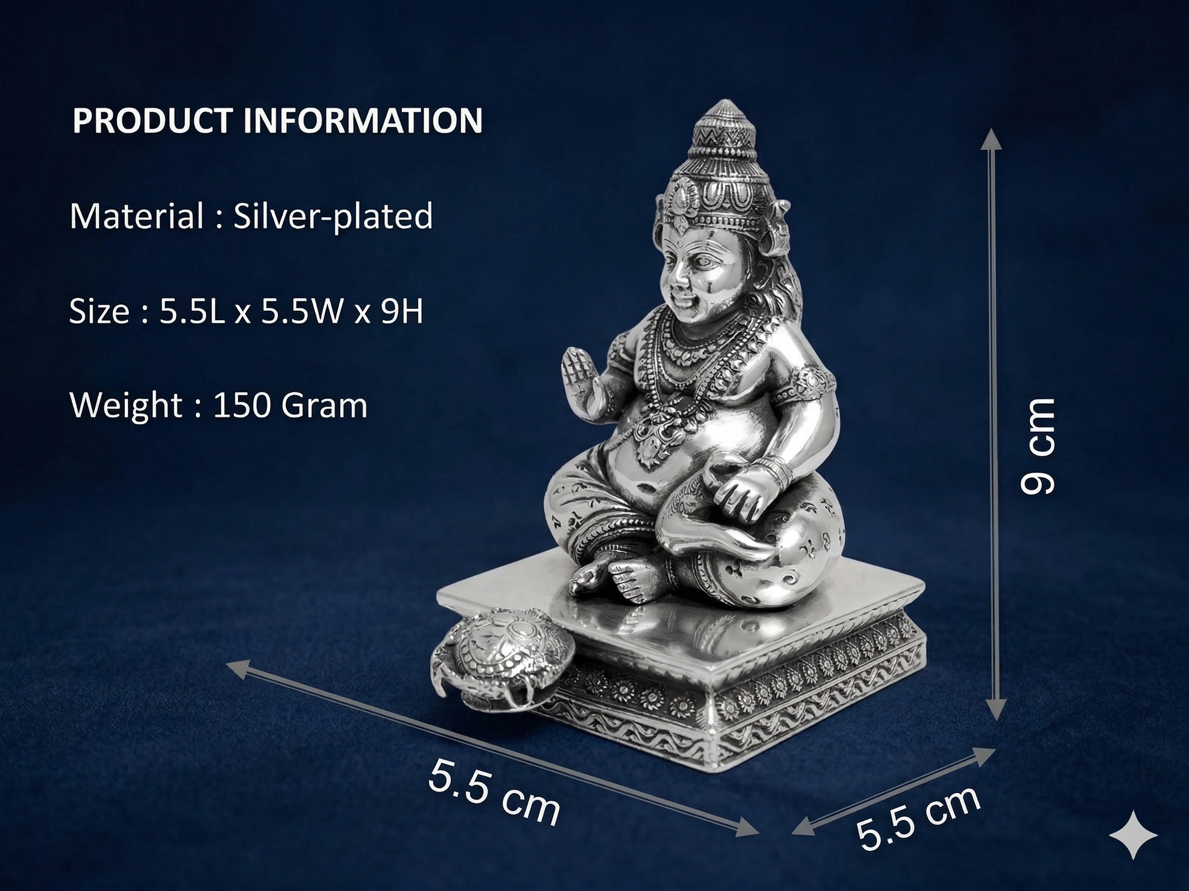Premium Oxidized Silver-Plated Lord Kuber Idol with Tortoise Base