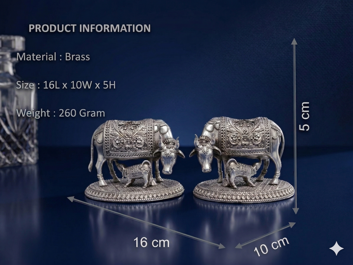 Silver-Plated Kamdhenu Cow and Calf Statue – Premium Brass Vastu Idol for Pooja Room, Wealth, & Spiritual Gifting