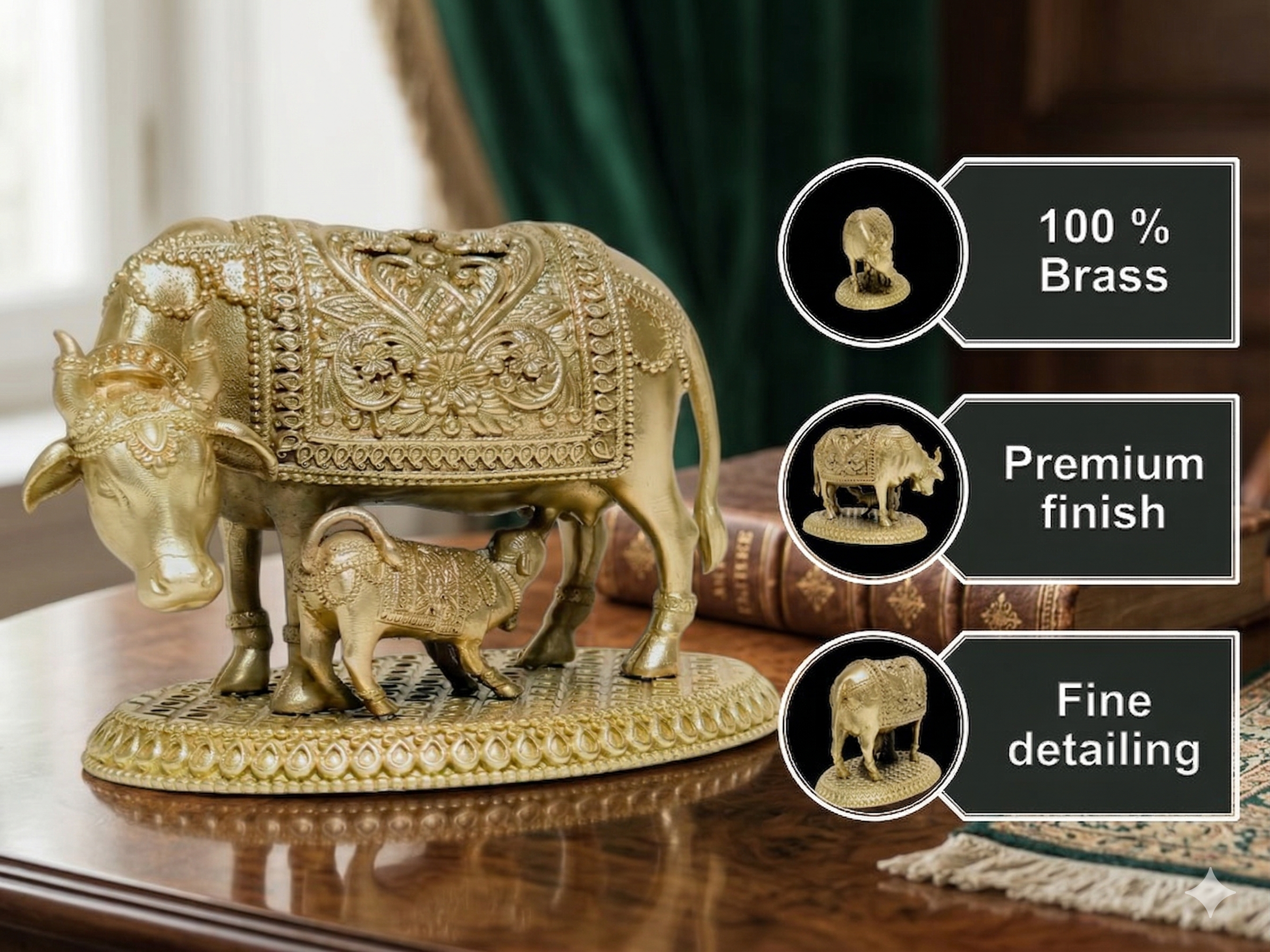 Premium 100% Brass Kamdhenu Cow and Calf Idol – Handcrafted Spiritual Decor