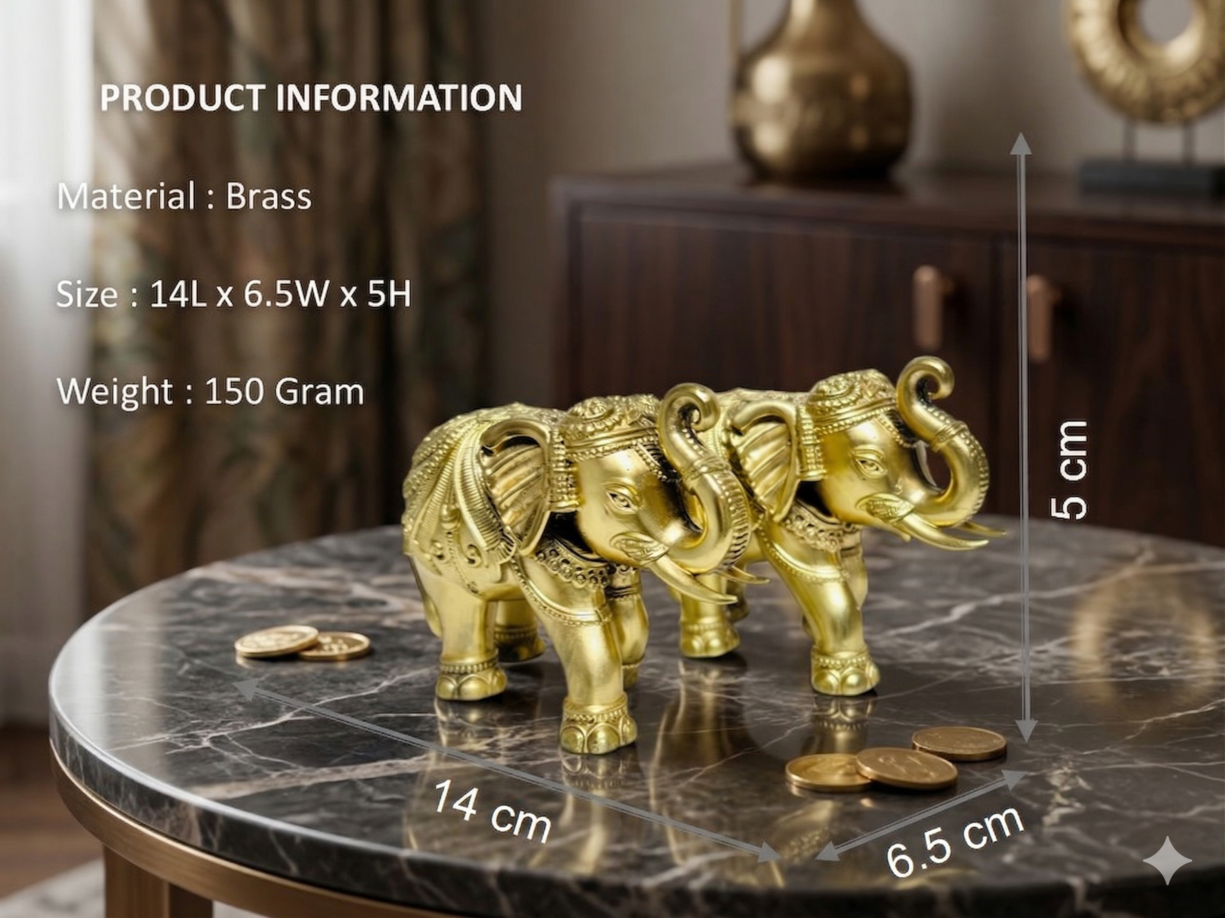 Premium Brass Trunk Up Elephant Statues (Pair) – Handcrafted Vastu Decor for Good Luck