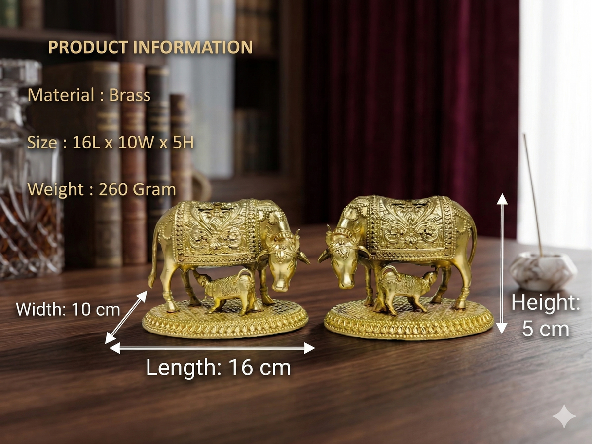 Exquisite Brass Kamdhenu Cow and Calf Statue – Handcrafted Spiritual Decor (16cm)