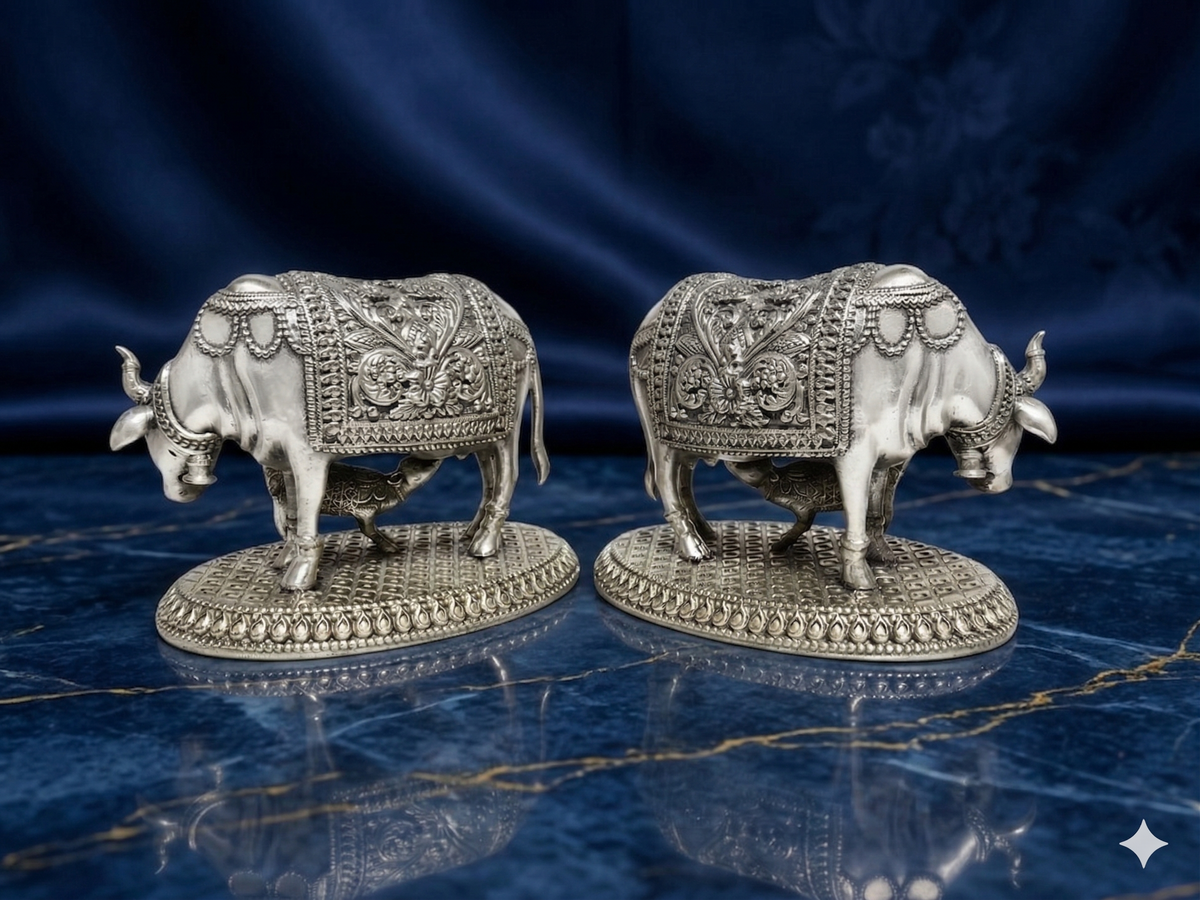Silver-Plated Kamdhenu Cow and Calf Statue – Premium Brass Vastu Idol for Pooja Room, Wealth, & Spiritual Gifting