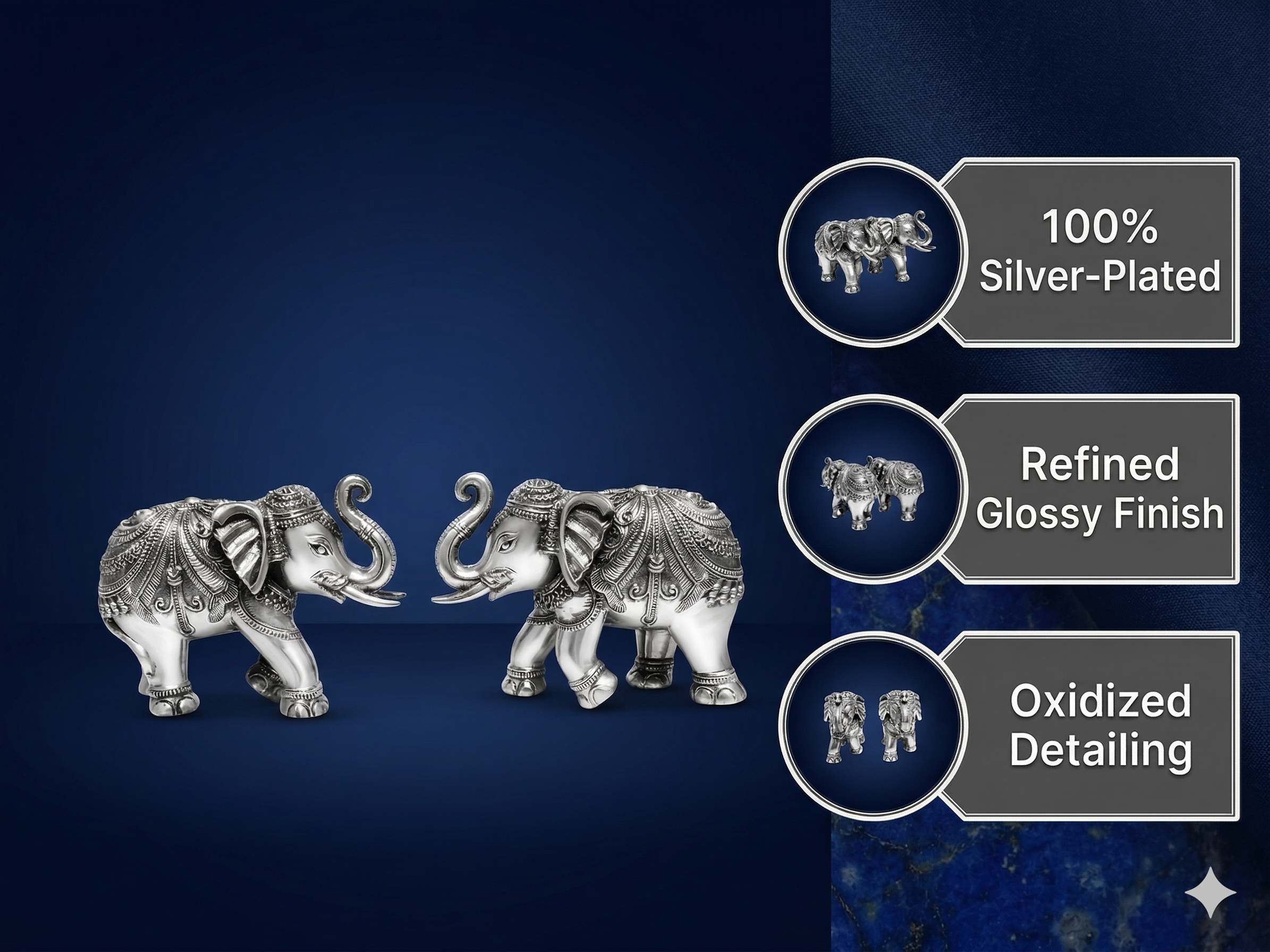Premium Silver-Plated Trunk-Up Elephant Pair – Ornate Brass Vastu Figurines for Wealth, Home Decor & Luxury Gifting