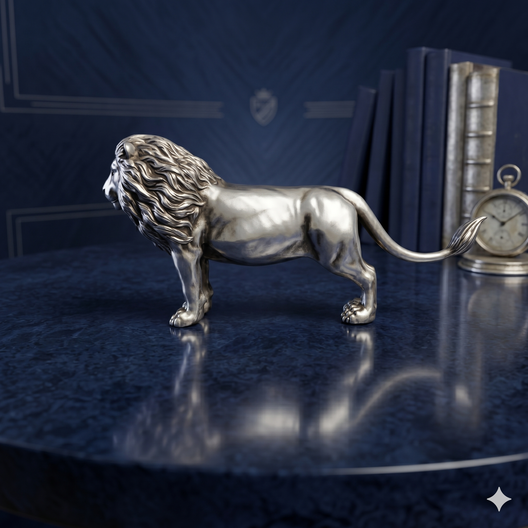 Premium Silver-Finished Brass Charging Lion Figurine