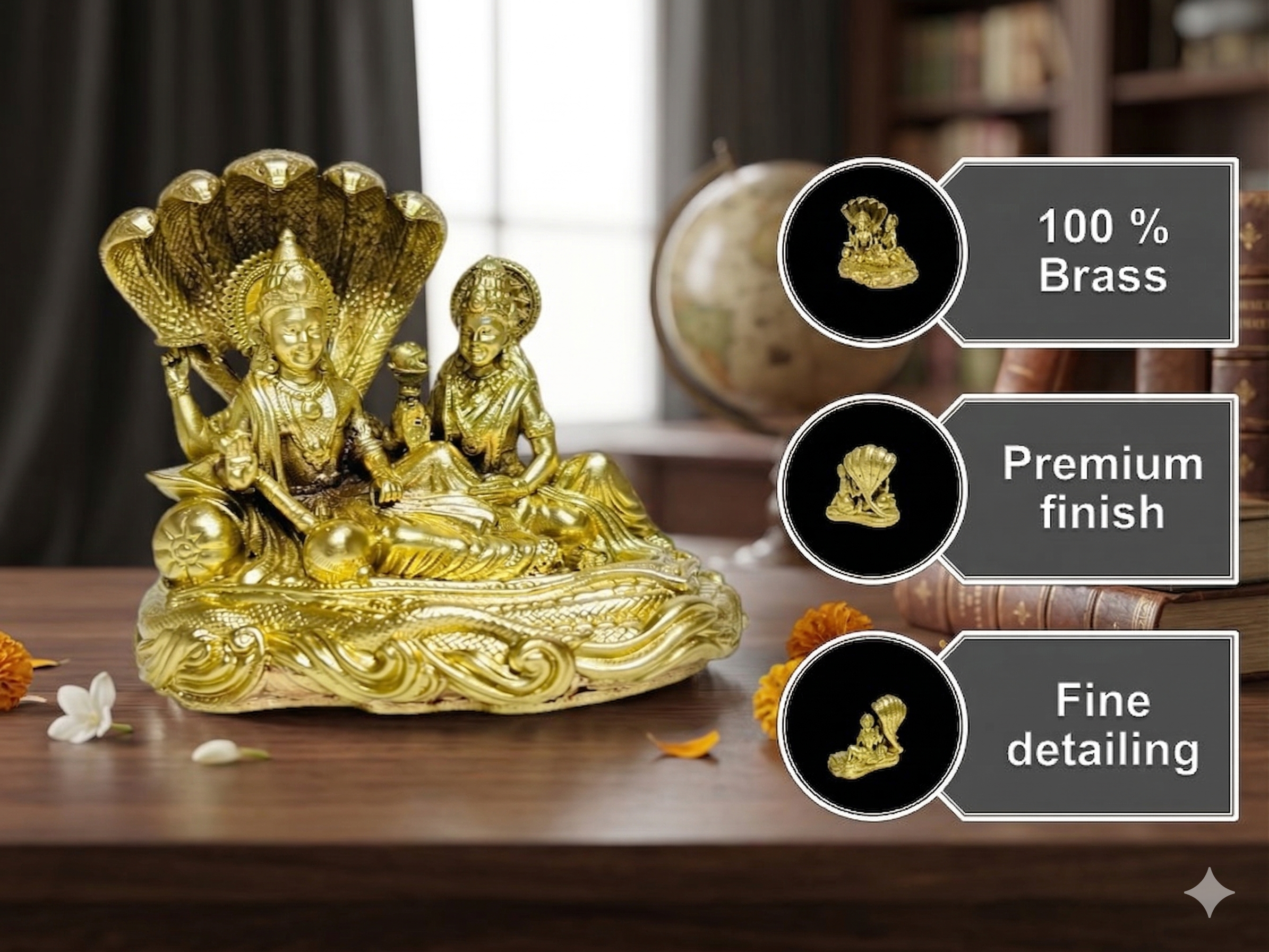 Premium Brass Lakshmi Narayan Idol – Handcrafted Vishnu Lakshmi Murti on Sheshnag for Home Pooja & Gifting