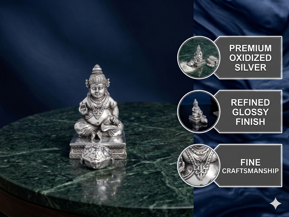 Premium Oxidized Silver-Plated Lord Kuber Idol with Tortoise Base