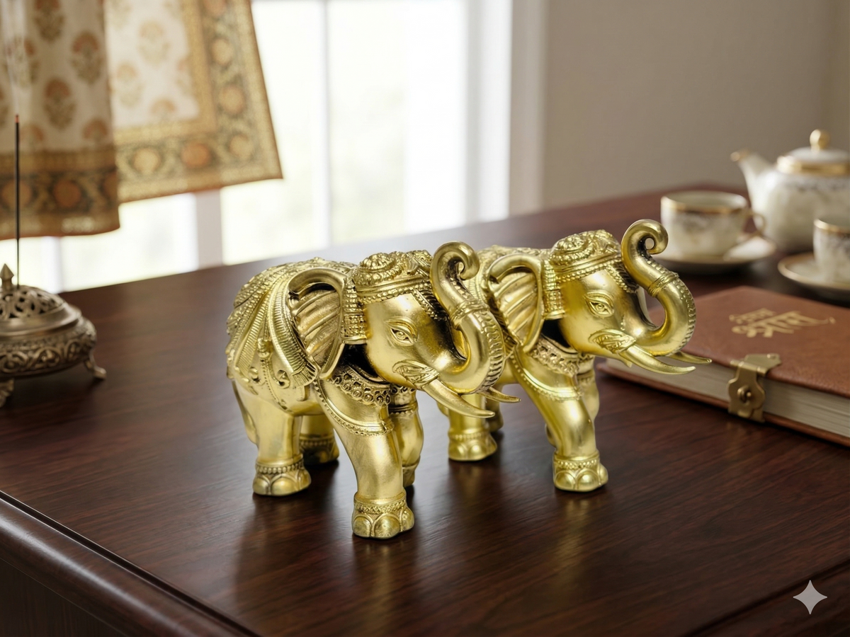 Premium Brass Trunk Up Elephant Statues (Pair) – Handcrafted Vastu Decor for Good Luck