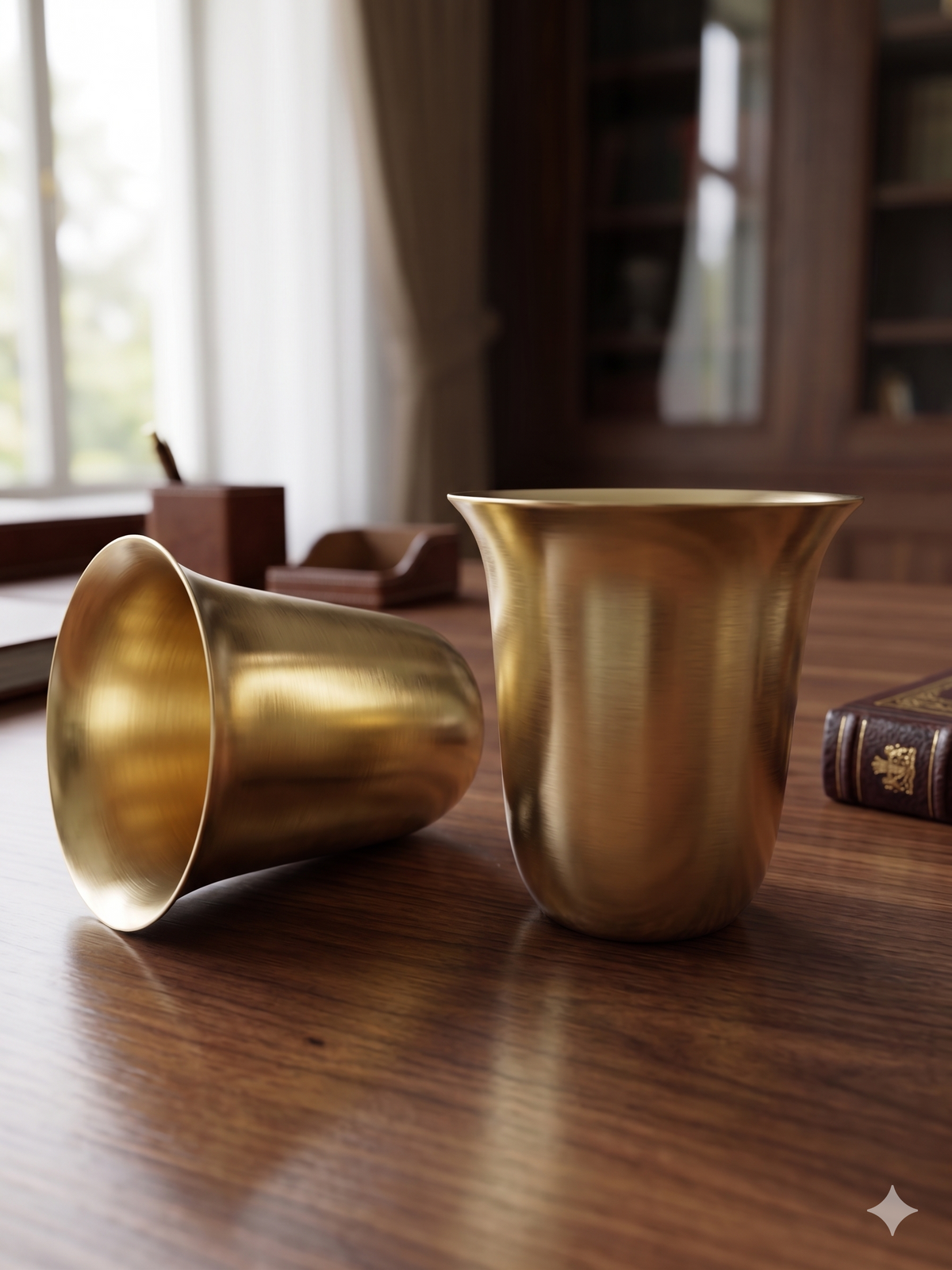 Royal Curved Brass Tumbler Set – Handcrafted Flared Golden Glasses (Set of 2)