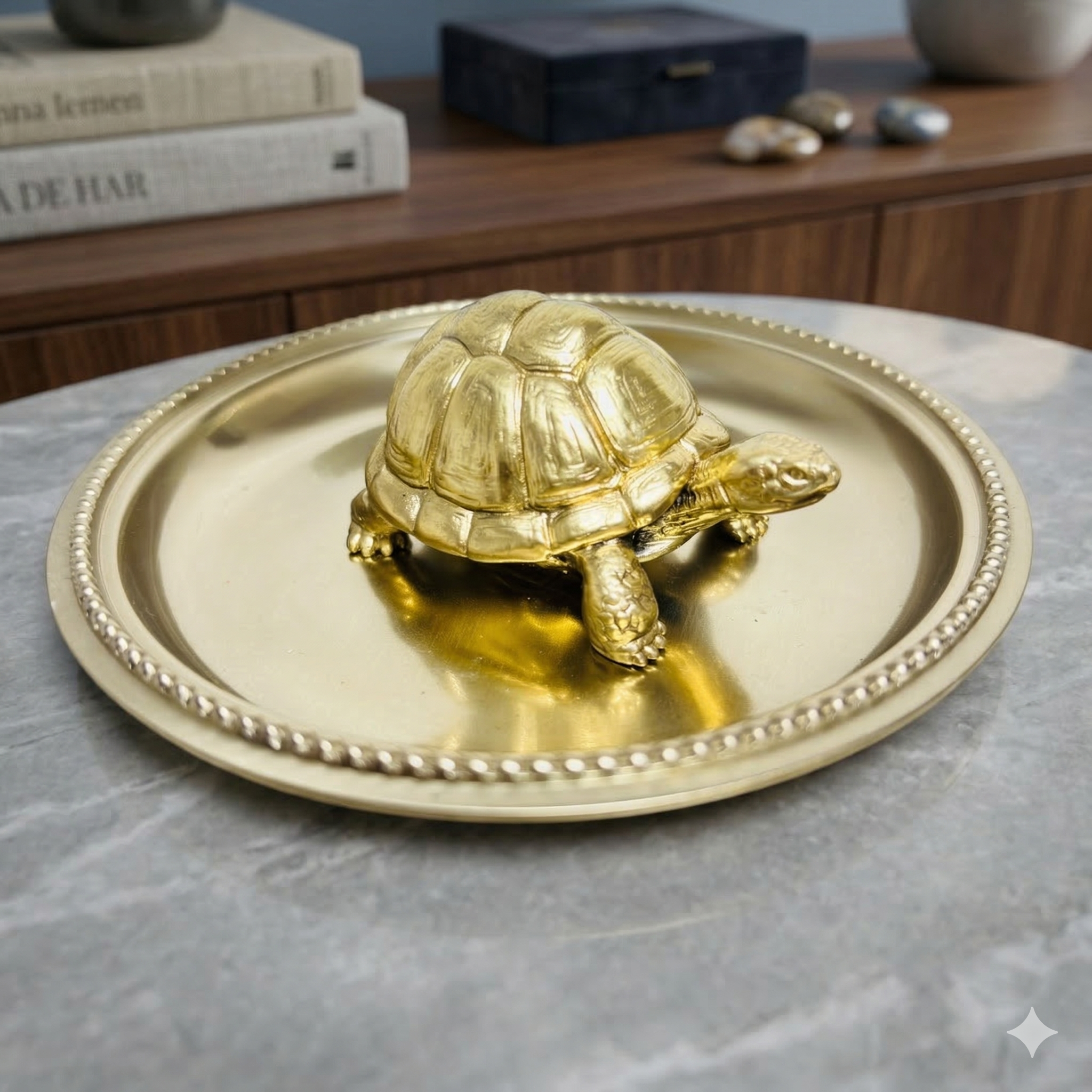 Pure Brass Feng Shui Tortoise Idol with 4-Inch Decorative Plate Set