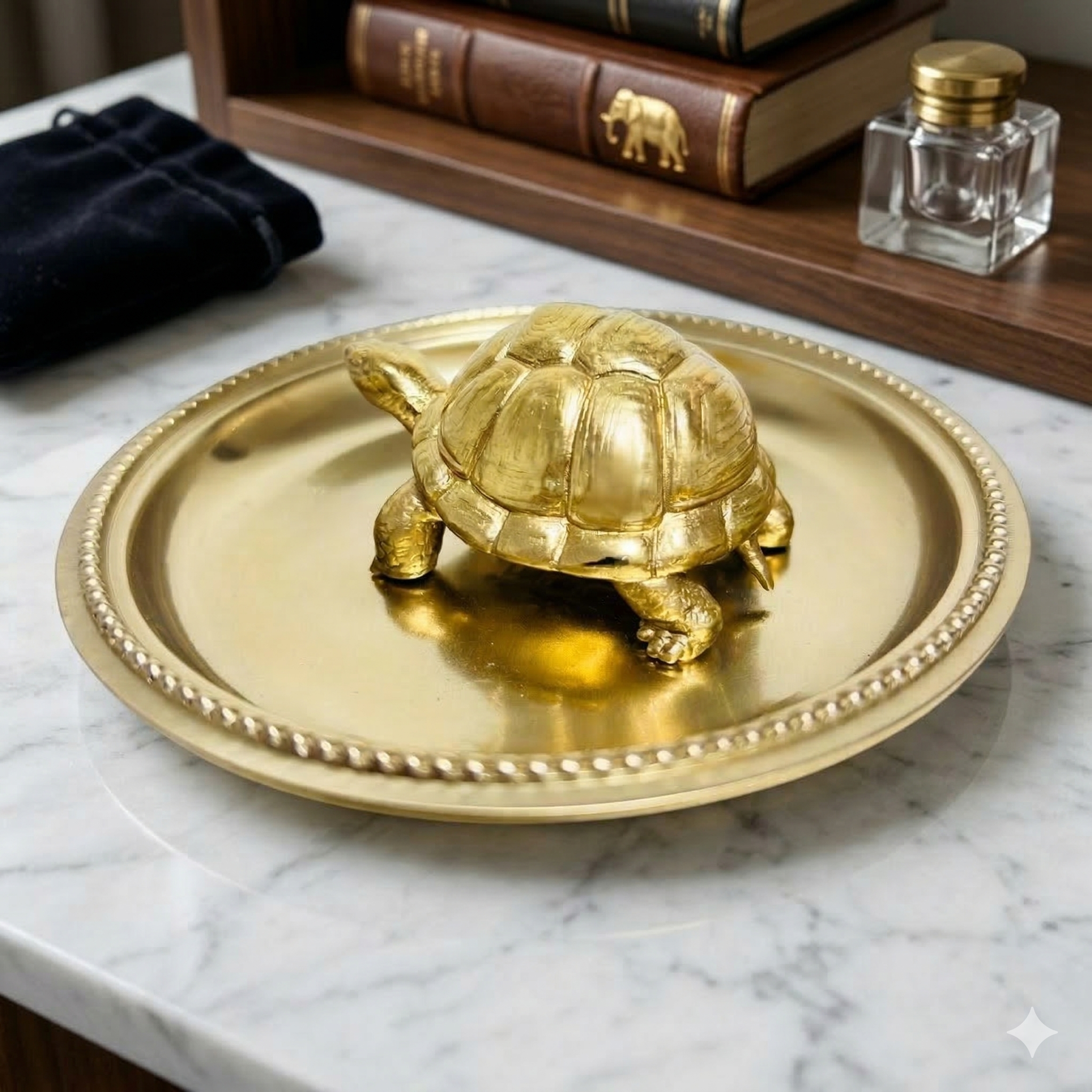 Pure Brass Feng Shui Tortoise Idol with 4-Inch Decorative Plate Set