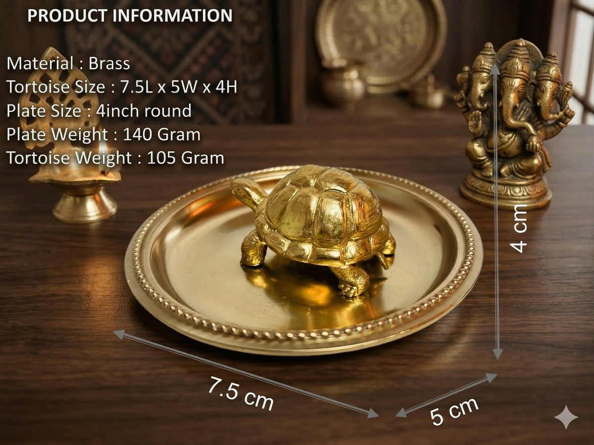 Pure Brass Feng Shui Tortoise Idol with 4-Inch Decorative Plate Set