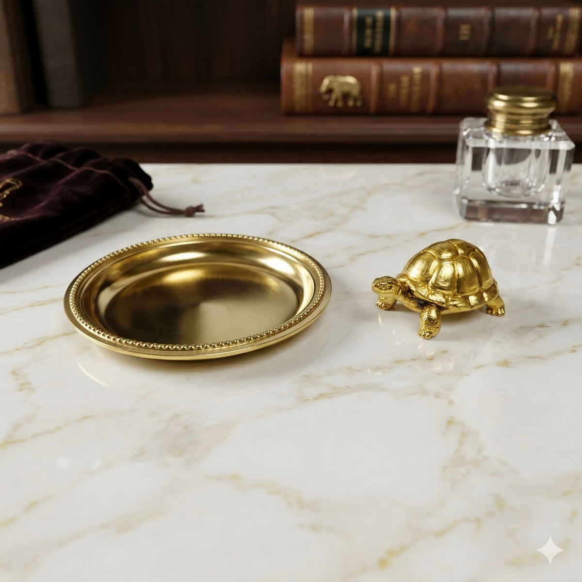 Pure Brass Feng Shui Tortoise Idol with 4-Inch Decorative Plate Set