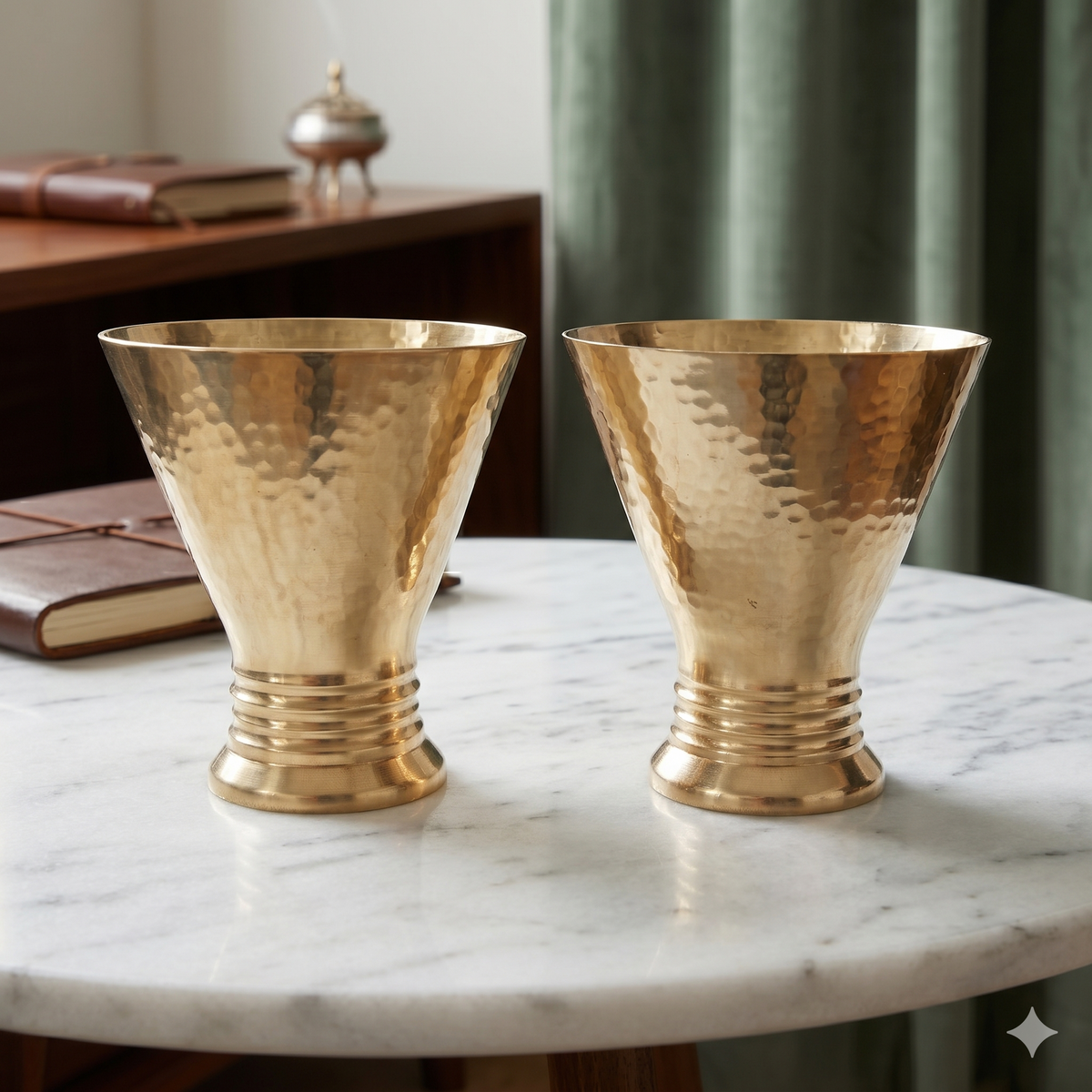 Premium Hammered Brass Urli Glass Set of 2 with Royal Velvet Gift Box