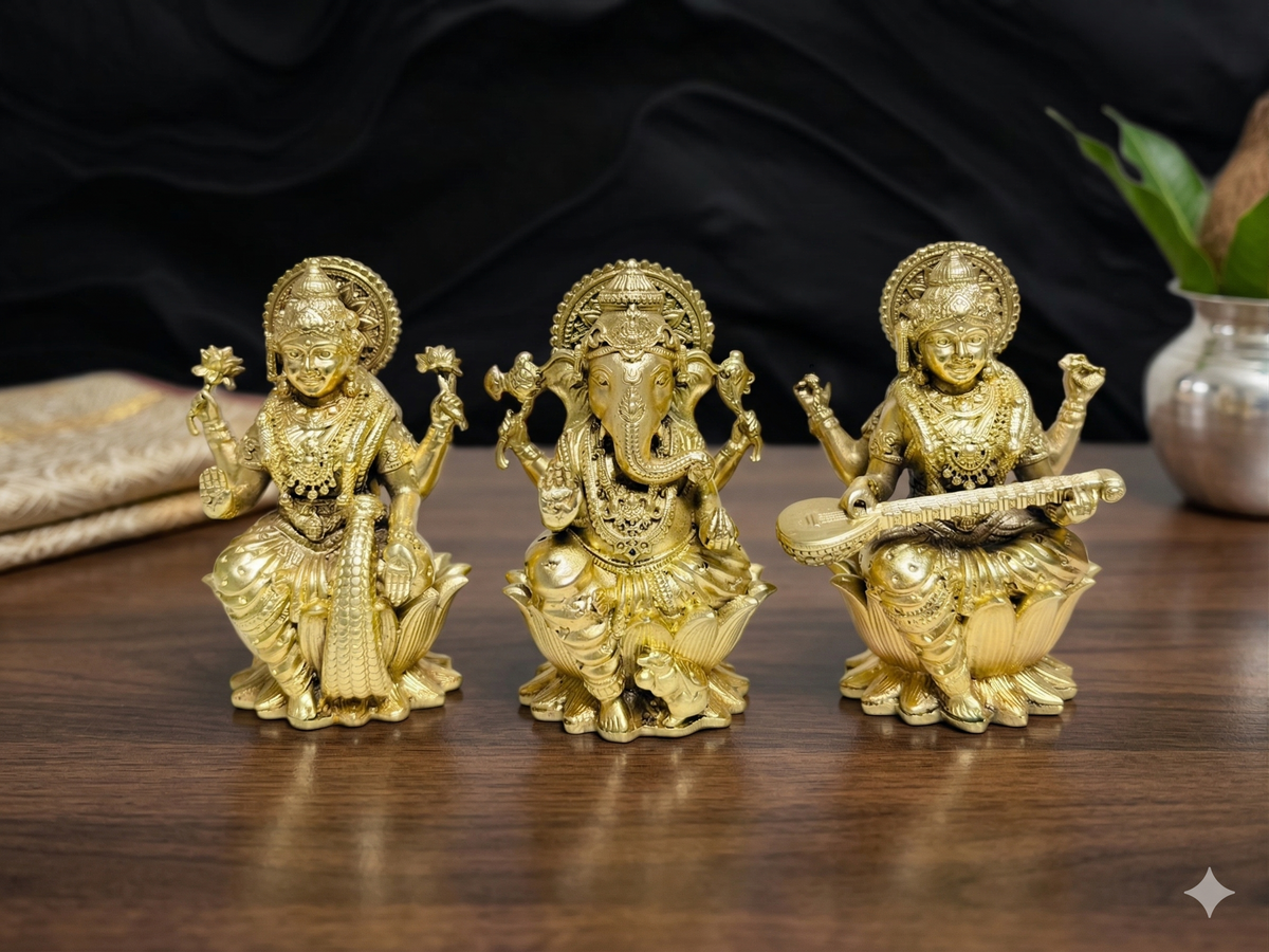 Handcrafted Pure Brass Laxmi Ganesh Saraswati Murti Set