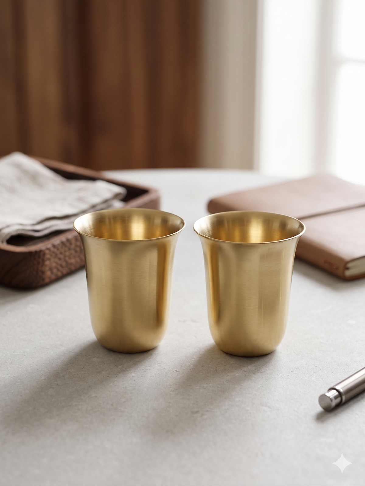 Royal Curved Brass Tumbler Set – Handcrafted Flared Golden Glasses (Set of 2)