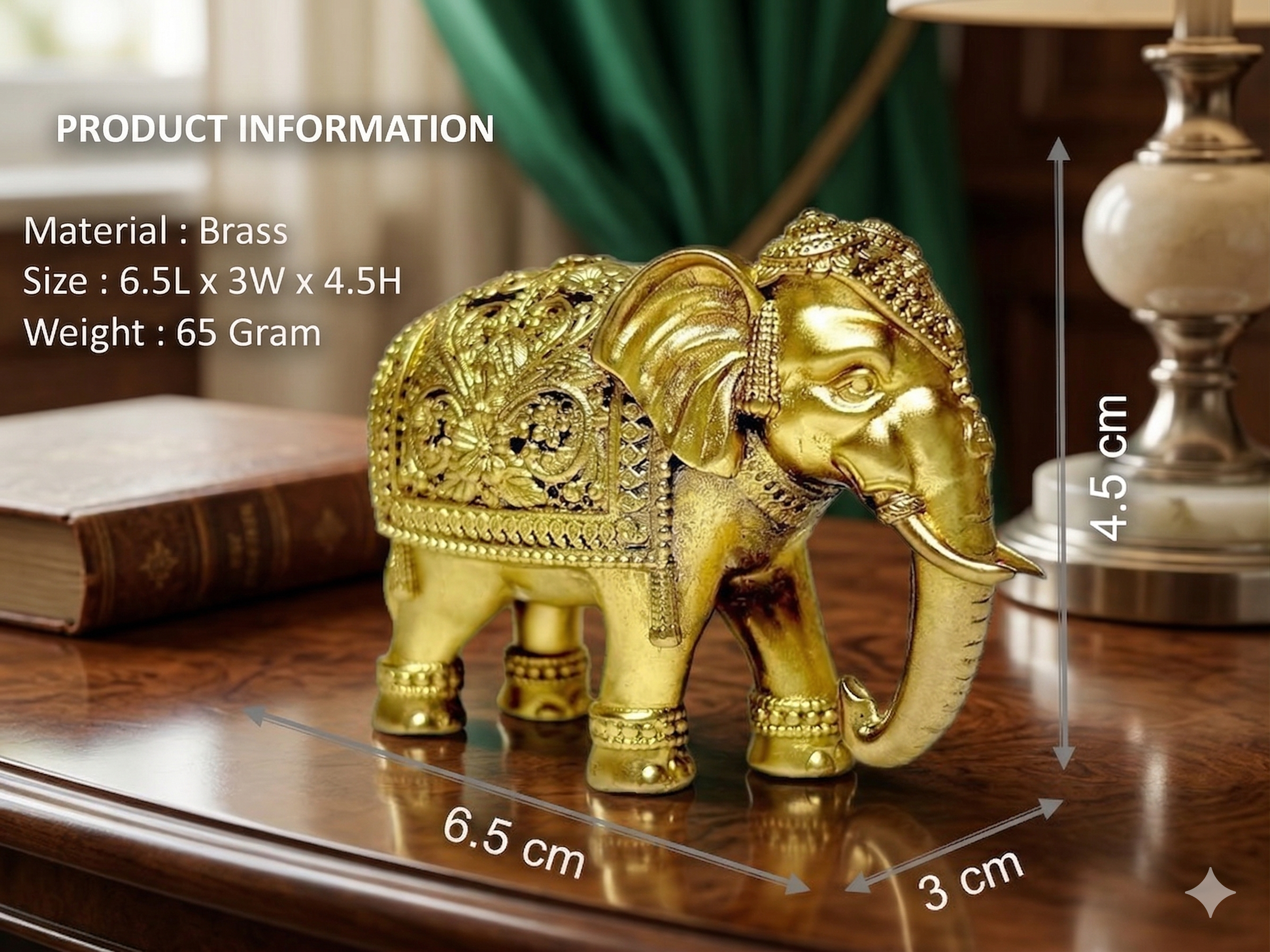Premium 100% Brass Royal Elephant Statue – Handcrafted Heritage Home Decor