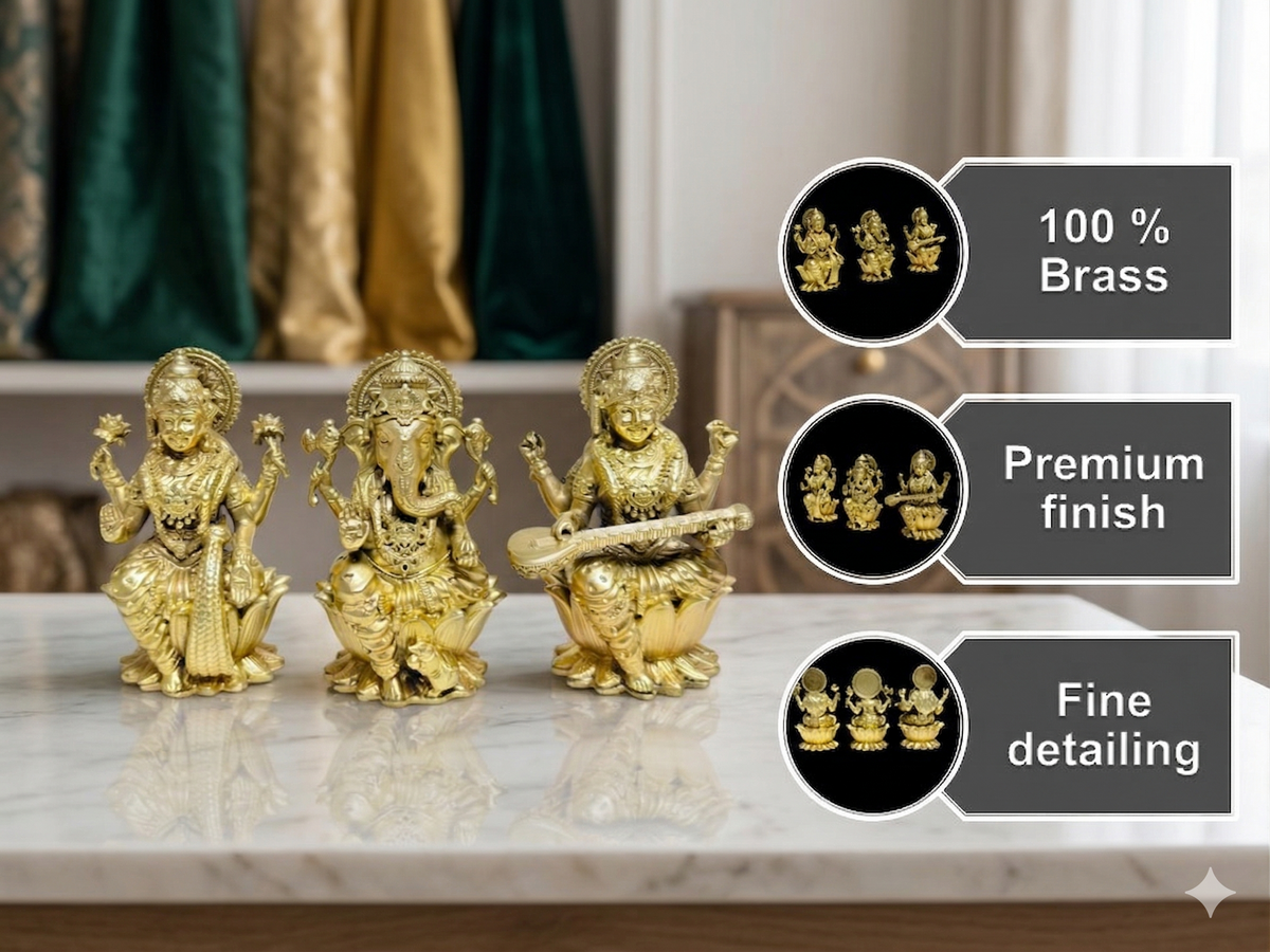 Handcrafted Pure Brass Laxmi Ganesh Saraswati Murti Set
